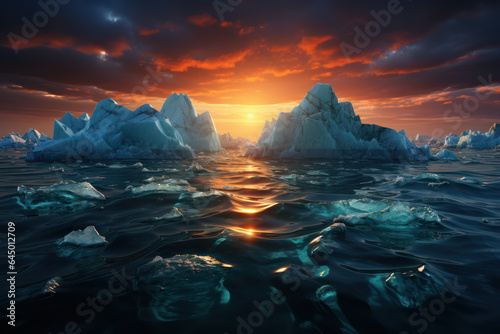 Climate Change. Visual representation of melting icebergs and rising sea levels, symbolizing the urgent need to address climate-related challenges. Generative AI.