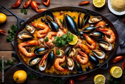 A rendered picture of a seafood paella with saffron-infused rice and an assortment of shellfish.