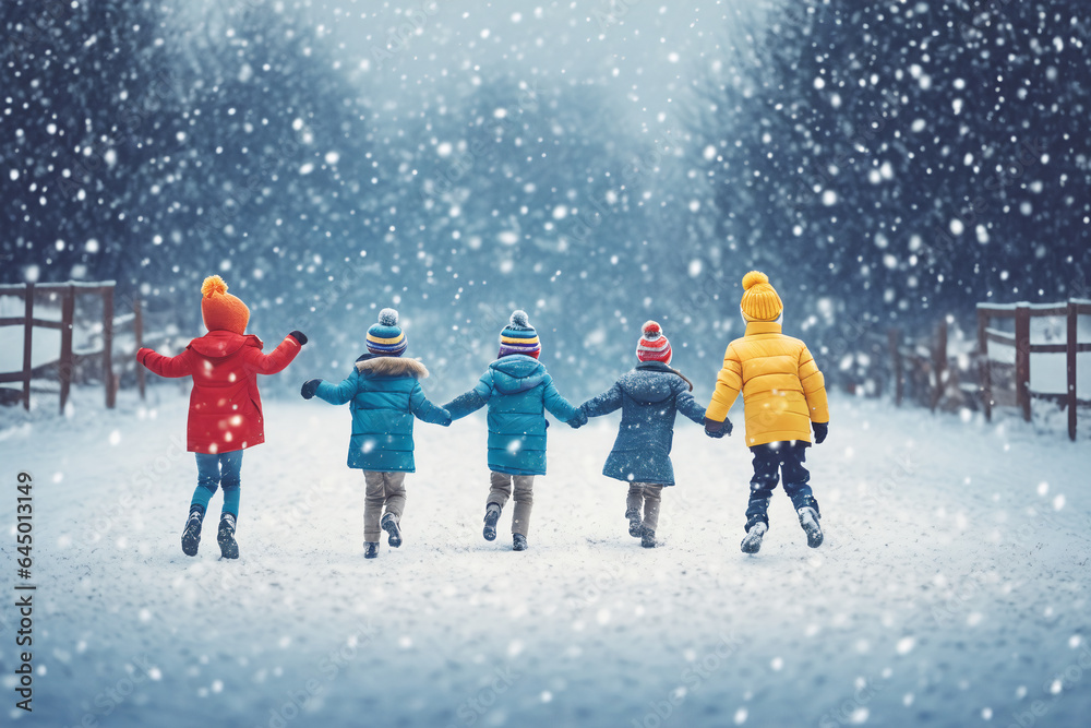 Children playing joyfully during the first snow