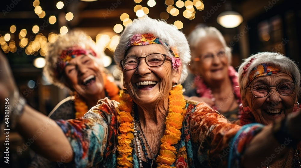 Cheerful seniors having a good time at the party with their close friends.