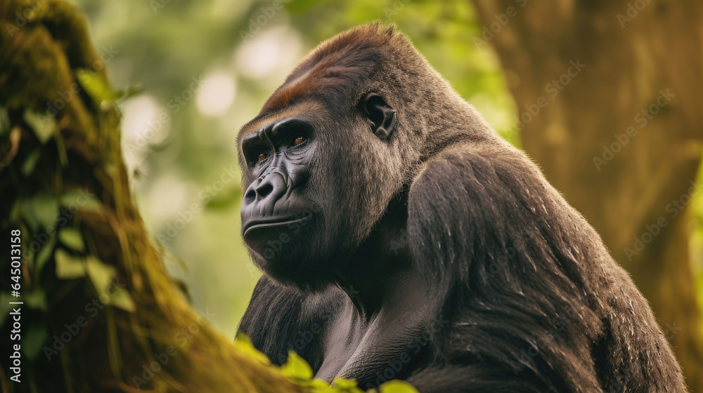 A silverback mountain gorilla in a rainforest. Generative Ai
