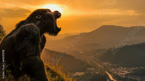 A gorilla stood shouting and showing off its strength on a high cliff at sunset. Generative Ai