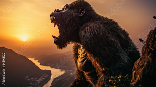 A gorilla stood shouting and showing off its strength on a high cliff at sunset. Generative Ai