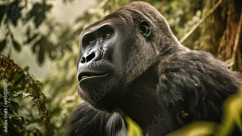 A silverback mountain gorilla in a rainforest. Generative Ai © tong2530