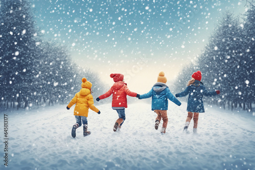 Children playing joyfully during the first snow
