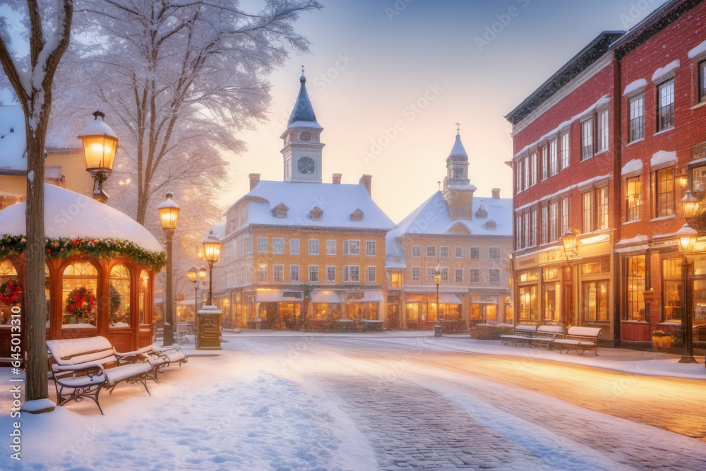 Obraz premium Freshly fallen first snow blanketing a quaint town square