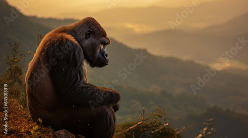 Gorilla sitting on a high cliff near sunset. Generative Ai © tong2530