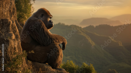 Gorilla sitting on a high cliff near sunset. Generative Ai © tong2530