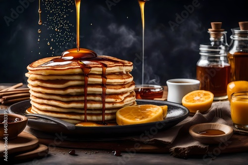 An artistic representation of a stack of fluffy pancakes with a drizzle of maple syrup.