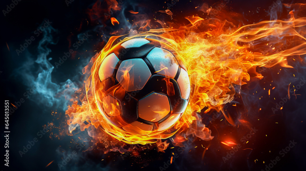 Fototapeta premium A soccer ball surrounded by flames and smoke, an explosion of power