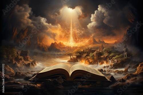 Fotografia Illustration of an open Bible with landscape of the nature of God's creation Gen