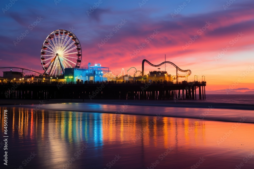Pier and amusement park at sunset
