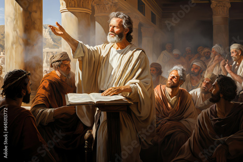 Apostle Paul preaching the Word of God in the synagogue to the christian people Generative AI Illustration photo