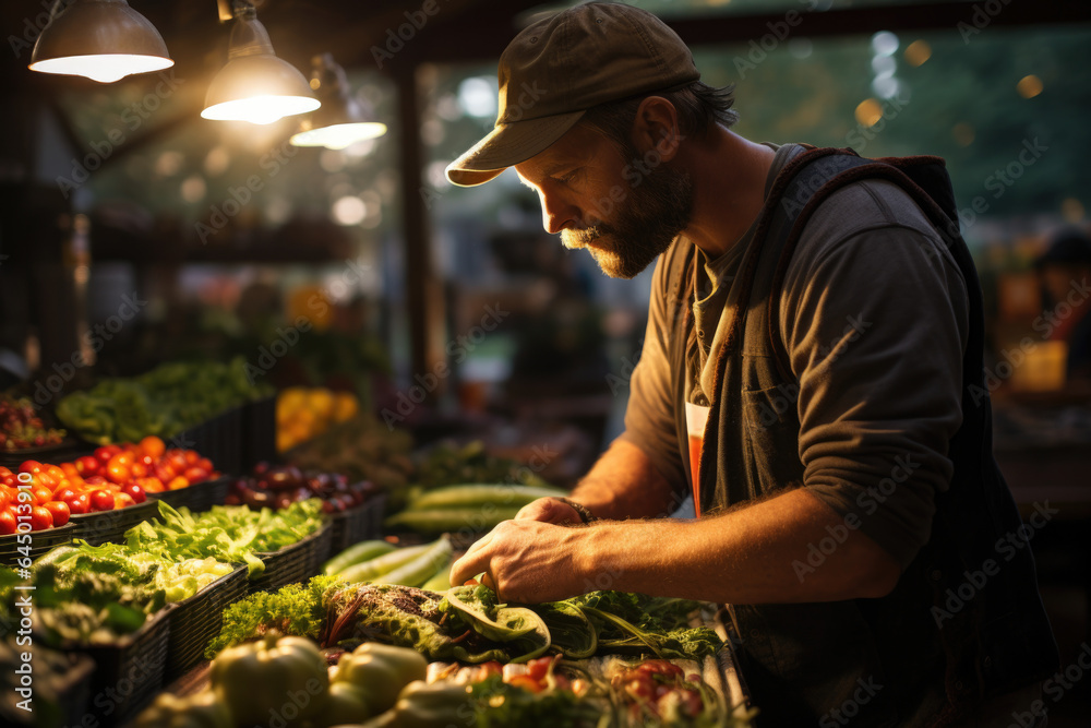 Vibrant atmosphere of a farmer's market, reflecting the commitment to fresh and locally sourced foods within a conscious lifestyle. Generative Ai.