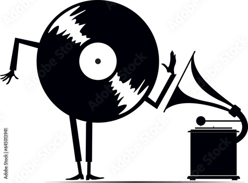 Cartoon long playing record. Retro record player. 
Cartoon long playing record standing near retro record player. Black and white illustration
