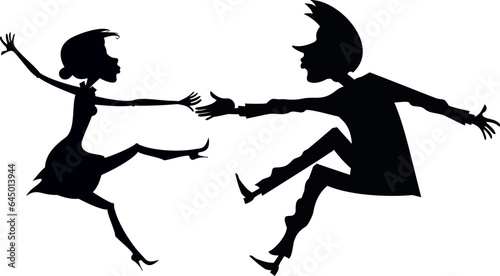 Romantic dancing young couple. 
Art silhouette. Funny dancing young man and woman. Black and white
