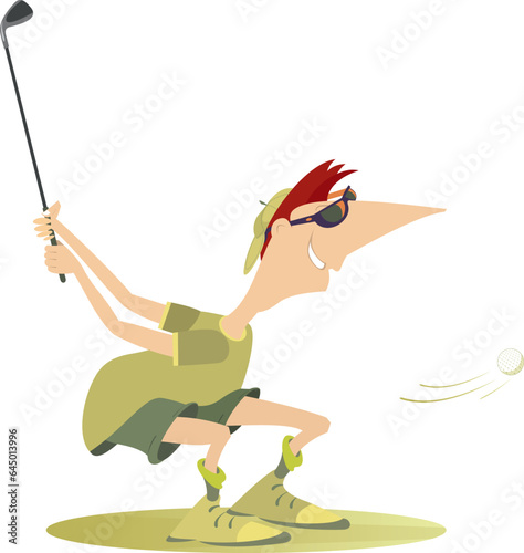 Golfer man on the golf course. 
Golf course. Cartoon golfer man aiming to do a good shot. Isolated on white background
