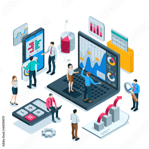 isometric business people working with statistical financial data near laptop and smartphone screen in color on white background, business analytics and teamwork
