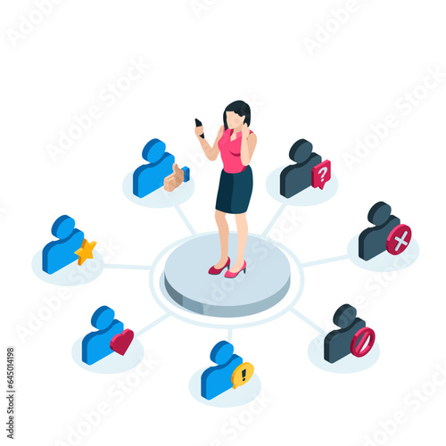 isometric woman with phone next to user icons from contact list in color on white background, sorting phone contacts into different categories