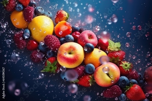 Abstract flying fruit in splashes of water