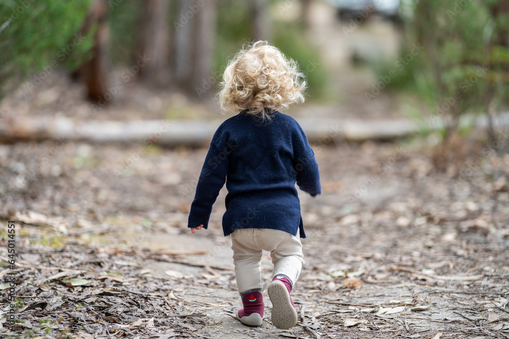 blonde todder walking in a forest on a hike in spring blonde todder walking in a forest on a hike in spring