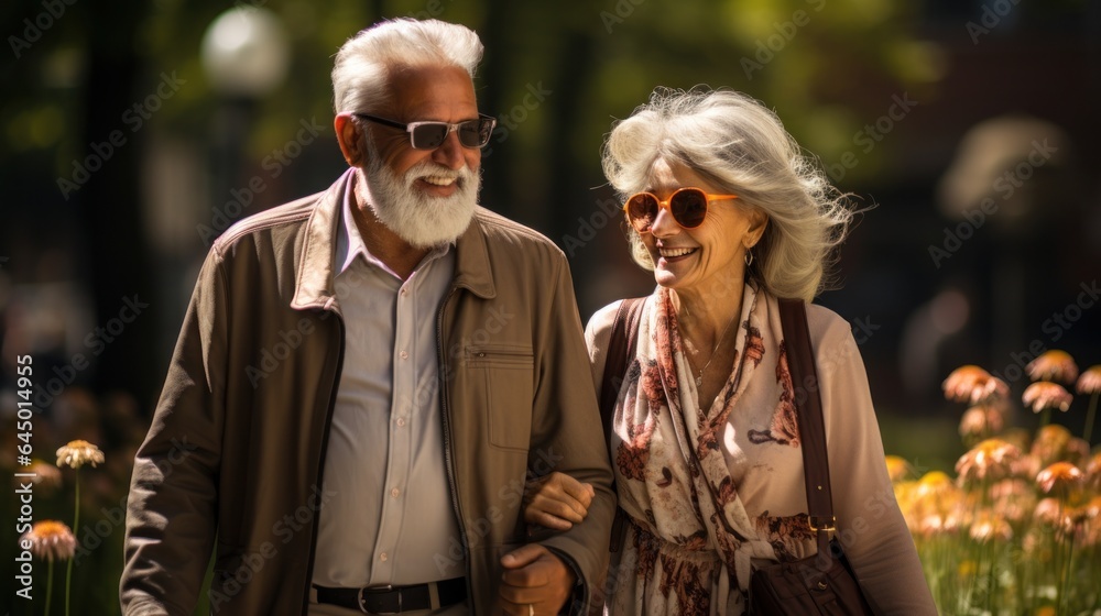 Elderly couple walking happily.