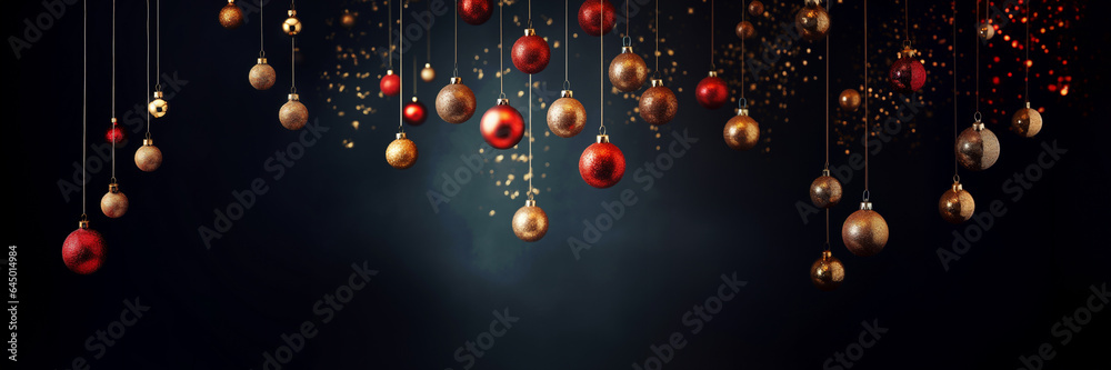 Many red and golden shiny Christmas baubles and ornaments hanging on black panoramic background with shiny golden lights, Christmas web banner - obrazy, fototapety, plakaty 