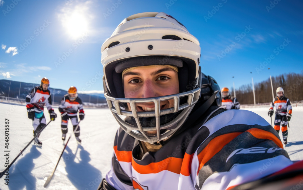 Selfie of a hockey player on the hockey field with the team