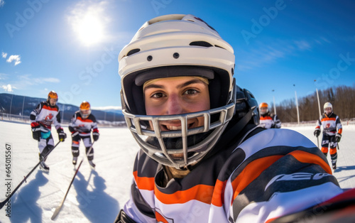 Selfie of a hockey player on the hockey field with the team © Liana