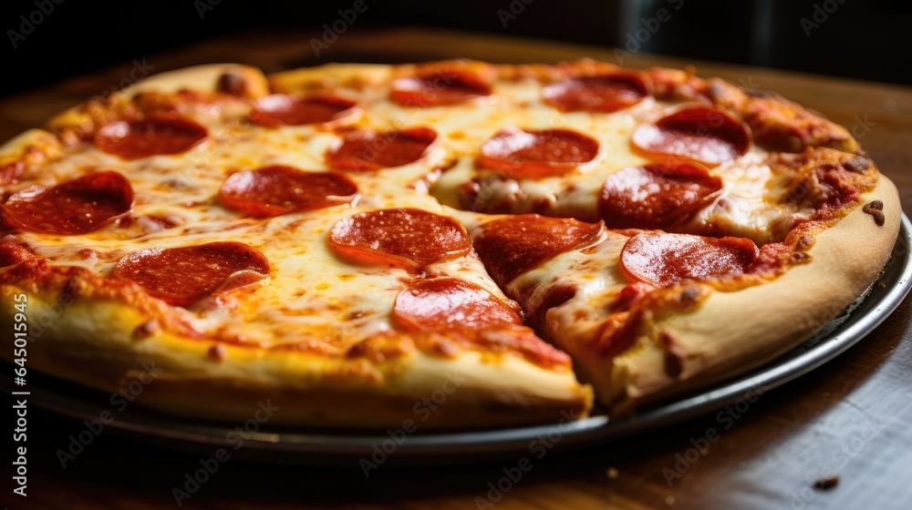 Cheesy Delight: A Sizzling Close-Up of a Perfectly Baked Pepperoni Pizza
