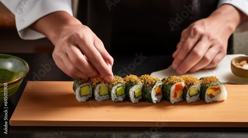 Expert Sushi Chef Crafting an Exquisite Dragon Roll in a Traditional Japanese Restaurant