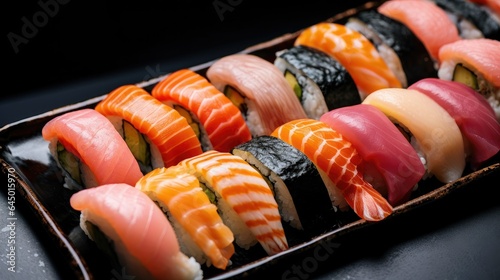 Exquisite Delights: A Vibrant Display of Sushi Rolls, Artfully Presented on a Classic Black Ceramic Plate