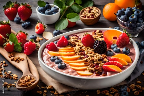 A scene of a fruit smoothie bowl topped with granola and berries.