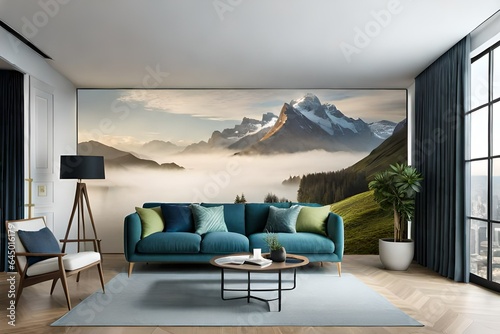 living room fully furnished wall design  with scenary of mountain, painting, piling,sofa,table, and decorated with roof cieling  modernl iving room  © Ya Ali Madad 
