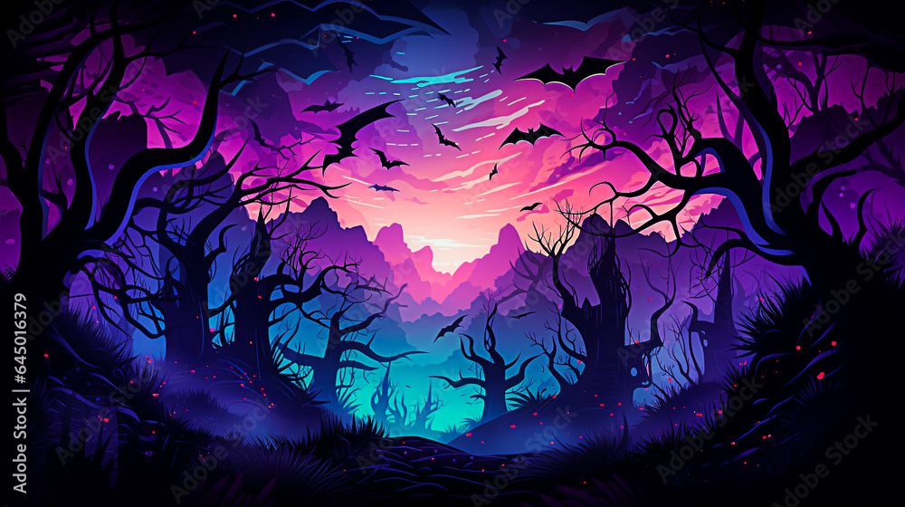 Halloween night background with scary trees and bats. Card illustration. selective focus. 