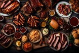 An image of a barbecue feast with racks of ribs and pulled pork sandwiches.