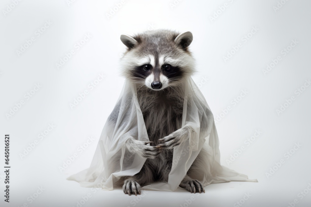 Portrait of a raccoon in a ghost costume on a ghostly white background Portrait of a raccoon in a ghost costume on a ghostly white background