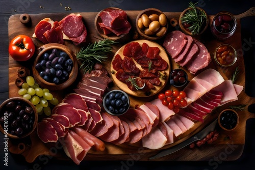 An artistic representation of a charcuterie platter with an assortment of cured meats and olives.