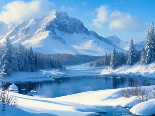 Panoramic view of a picturesque winter wonderland, complete with snow-capped mountains and a frozen lake.