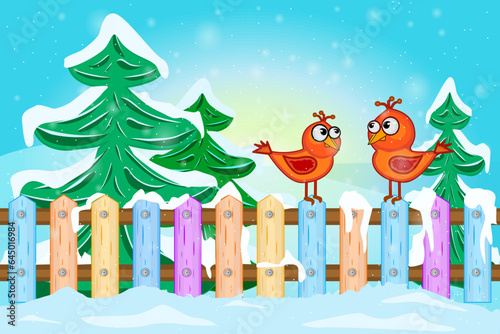 Two red birds sitting on fence. Cartoon winter landscape with red bird on fence, snow and fir trees. Christmas winter scene with snowfall. Snowy scenery. Rural forest view. Stock vector illustration