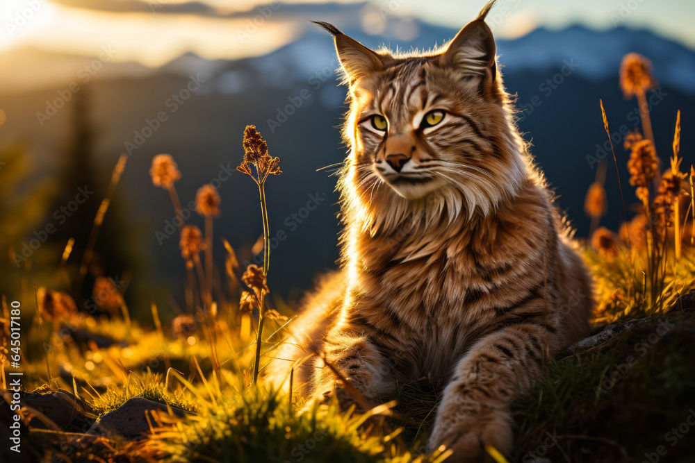 Obraz premium Captivating serene lynx relaxing in a sunlit clearing, amidst the picturesque beauty of Jura mountains, embodying calm, tranquility & untouched wilderness.