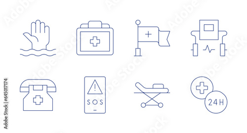 Emergency icons. editable stroke. Containing defibrillator, drowning, emergency, emergency number, medical kit, red cross, sos, stretcher.