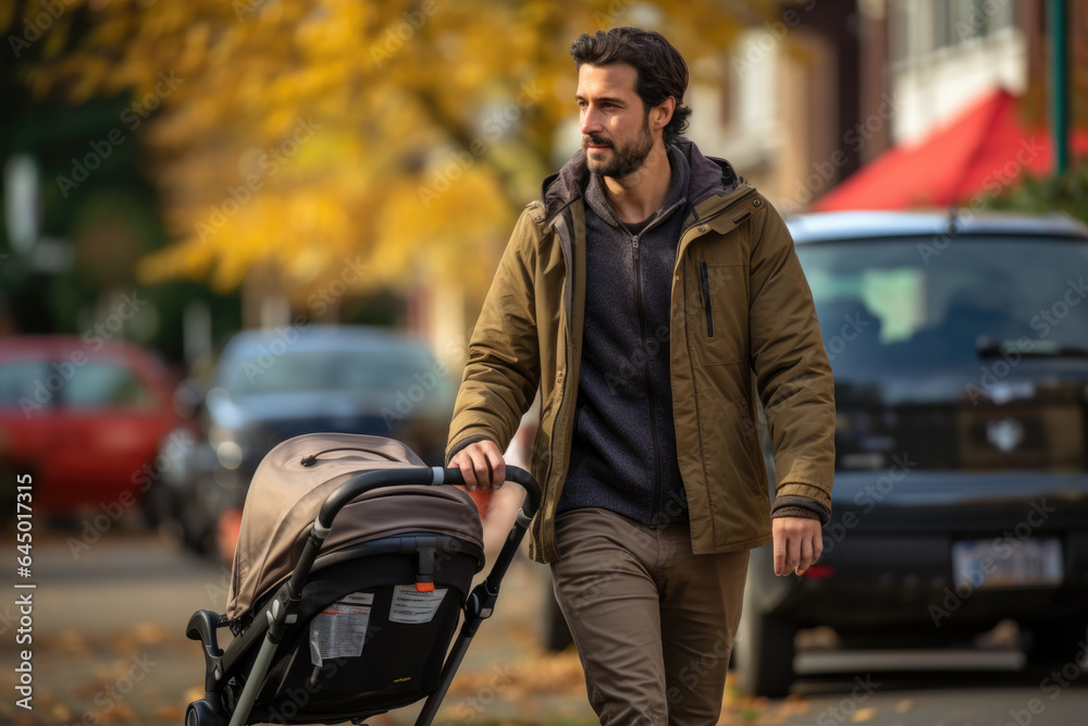 A parent pushes a stroller while walking in the neighborhood, embodying the everyday moments of nurturing and care in family life. Generative Ai. A parent pushes a stroller while walking in the neighborhood, embodying the everyday moments of nurturing and care in family life. Generative Ai.