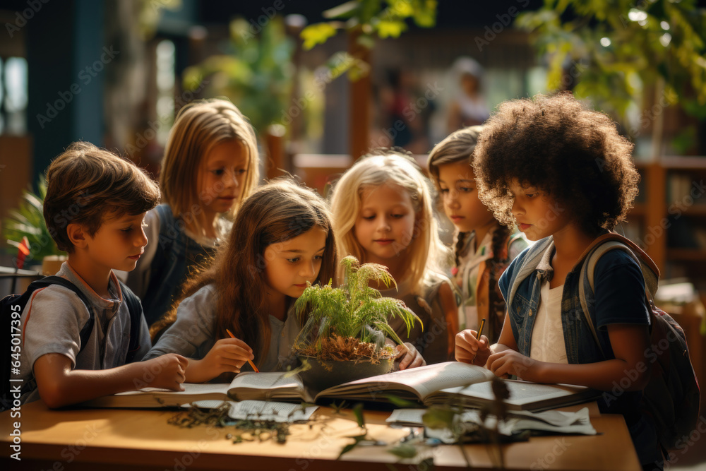 Children gather in a library to read and study, highlighting the importance of lifelong learning and intellectual engagement in daily life. Generative Ai.