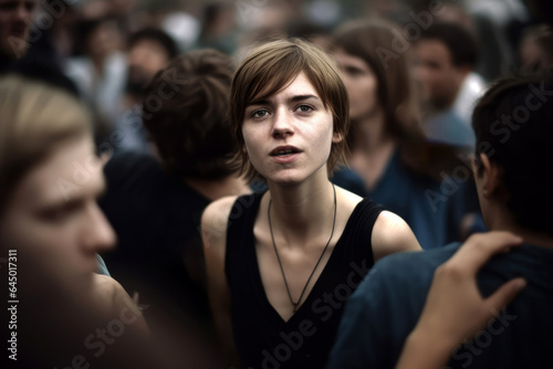 Young woman with short hair in a crowd looking at camera