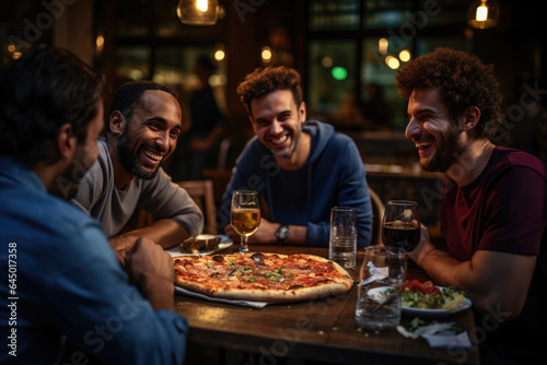 Laughter and camaraderie of a group of friends sharing a meal at a local restaurant  celebrating the connections that enrich daily life. Generative Ai.