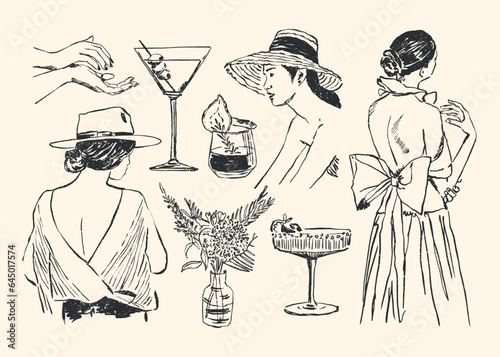 Abstract boho style woman silhouette and cocktails illustrations for your wall art gallery, logo design, wallpaper. Matisse style art collection