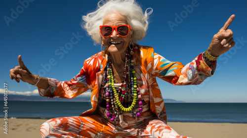 Vibrant 100-year-old woman in colorful bikini demonstrates yoga pose on plain background beach, symbolizing ageless beauty and elegance.