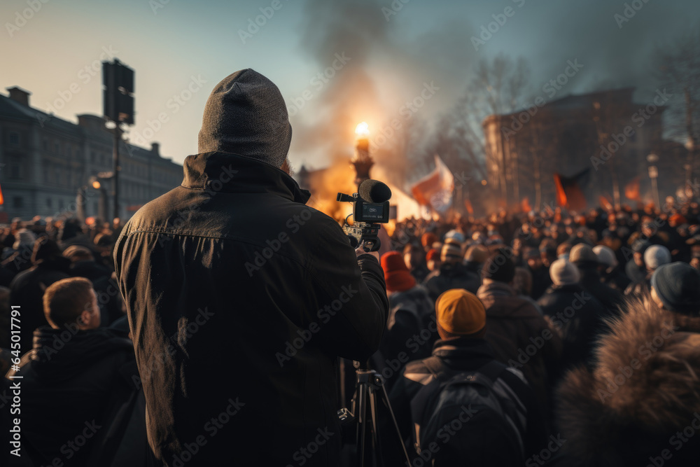 Person addressing a crowd during a human rights demonstration, illustrating the connection between democracy and protecting fundamental rights. Generative Ai.