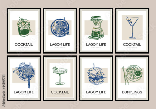 Minimalist hand drawn food and drink vector illustration collection